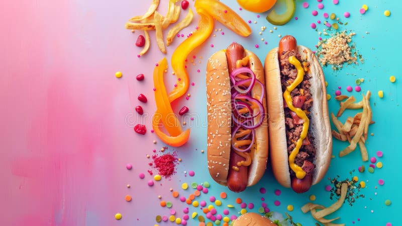 Zwei heiße Hunde mit Senfketchup und roter Zwiebel auf farbigem Hintergrund lizenzfreie abbildung