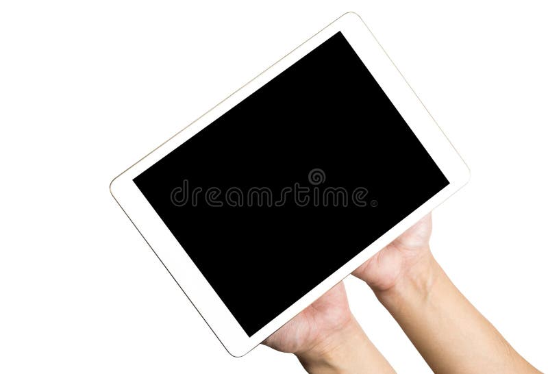 Zwei Hände, die leeren Tablettenschirm isoalted halten lizenzfreie stockbilder Zwei Hände, die leeren Tablettenschirm isoalted halten lizenzfreie stockbilder