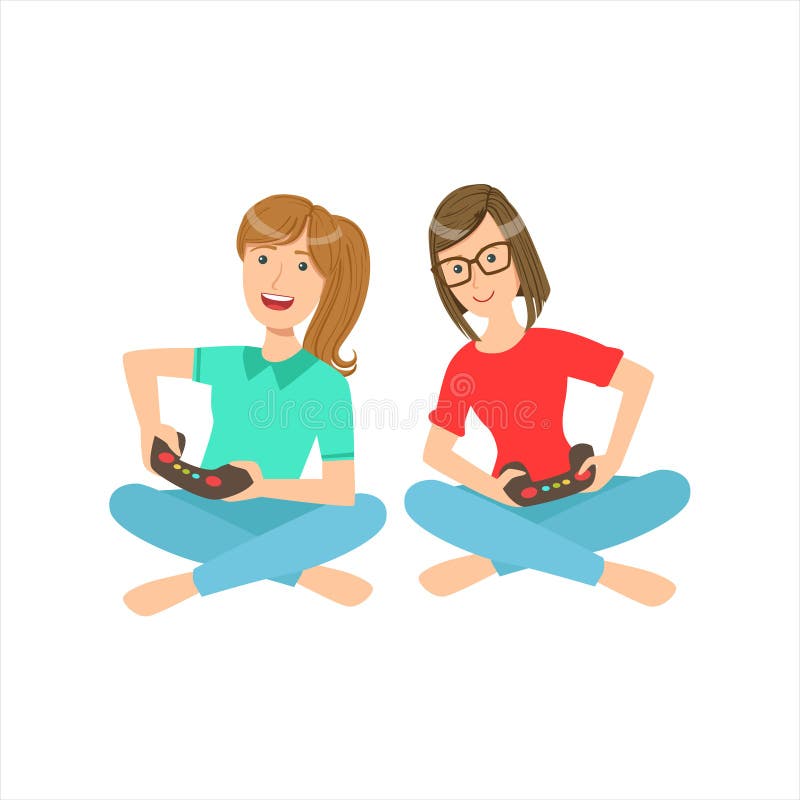 Zwei Jugendfreundinnen, die mit den Beinen gekreuzt sitzen, Videospiele mit Kontrolleuren, Teil spielend Frauen unterschiedlich stock abbildung Zwei Jugendfreundinnen, die mit den Beinen gekreuzt sitzen, Videospiele mit Kontrolleuren, Teil spielend Frauen unterschiedlich stock abbildung