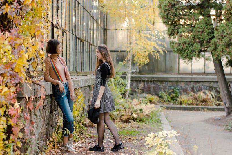 Zwei junge schöne Studenten stehen im Herbstpark lizenzfreie stockfotografie Zwei junge schöne Studenten stehen im Herbstpark lizenzfreie stockfotografie