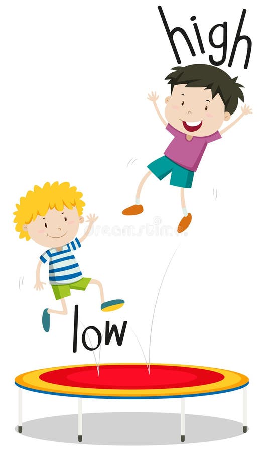 Zwei Jungen niedrig und, die hoch auf Trampoline springen stock abbildung Zwei Jungen niedrig und, die hoch auf Trampoline springen stock abbildung