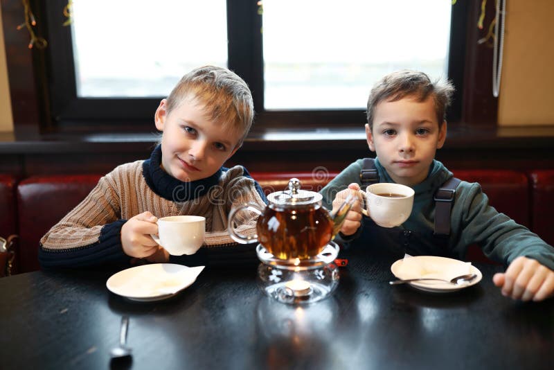 Zwei Jungen trinken Tee stockfotos Zwei Jungen trinken Tee stockfotos