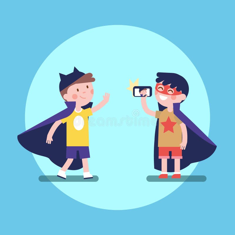 Two kids boys friends taking photos of each other in superhero costumes. Modern flat vector illustration clipart. Two kids boys friends taking photos of each other in superhero costumes. Modern flat vector illustration clipart.