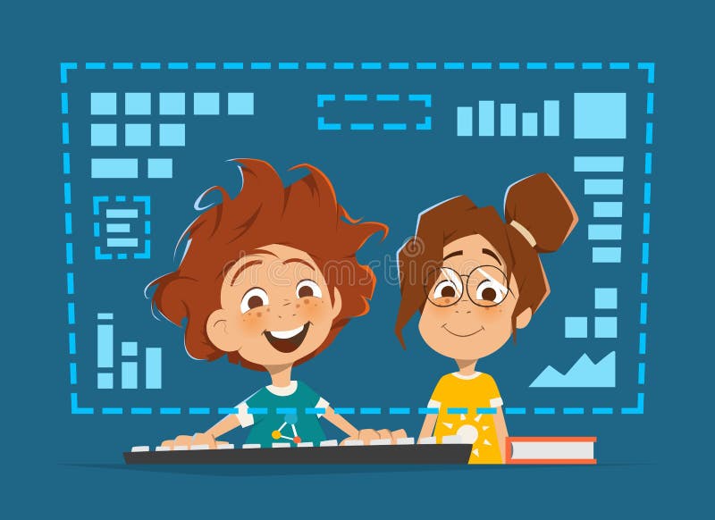 Zwei Kinderkind, das on-line-Bildung des vorderen Computermonitors sitzt vektor abbildung Zwei Kinderkind, das on-line-Bildung des vorderen Computermonitors sitzt vektor abbildung