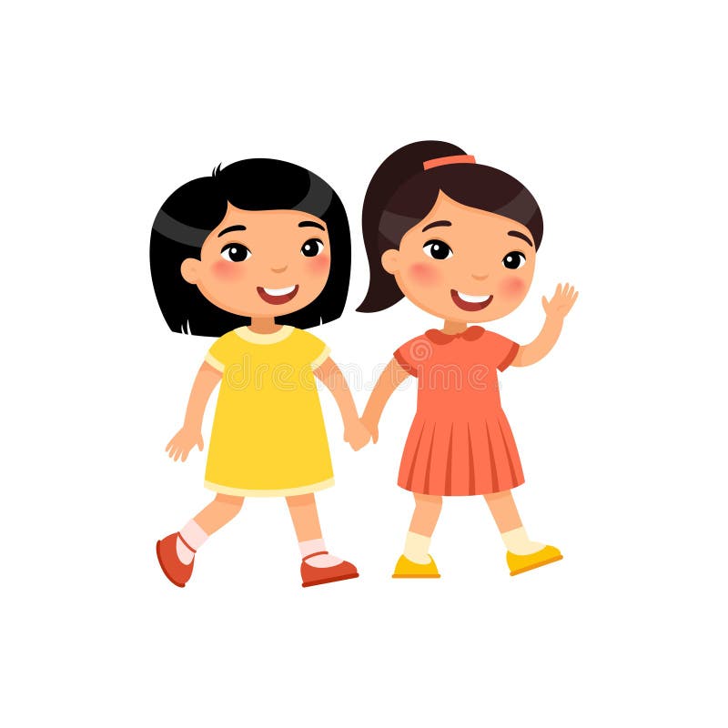 Zwei kleine asiatische Mädchen gehen Zeichentrickfilm-Figuren Holdinghand