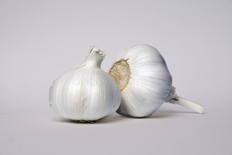 Two white crisp cloves of garlic together with shit background. Two white crisp cloves of garlic together with shit background