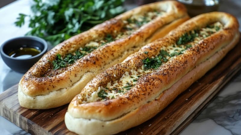 Zwei köstliche Kräuterkäse gefüllte Brotläden gebacken stock abbildung