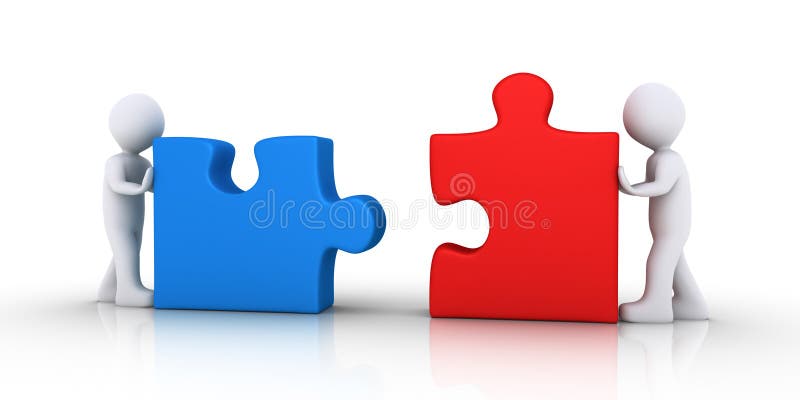 Zwei Leute schließen sich den Puzzlespielstücken an