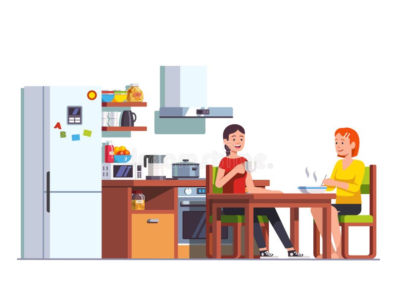 Zwei Mädchen, die zusammen Küche des Mittagessens zu Hause essen lizenzfreie abbildung Zwei Mädchen, die zusammen Küche des Mittagessens zu Hause essen lizenzfreie abbildung