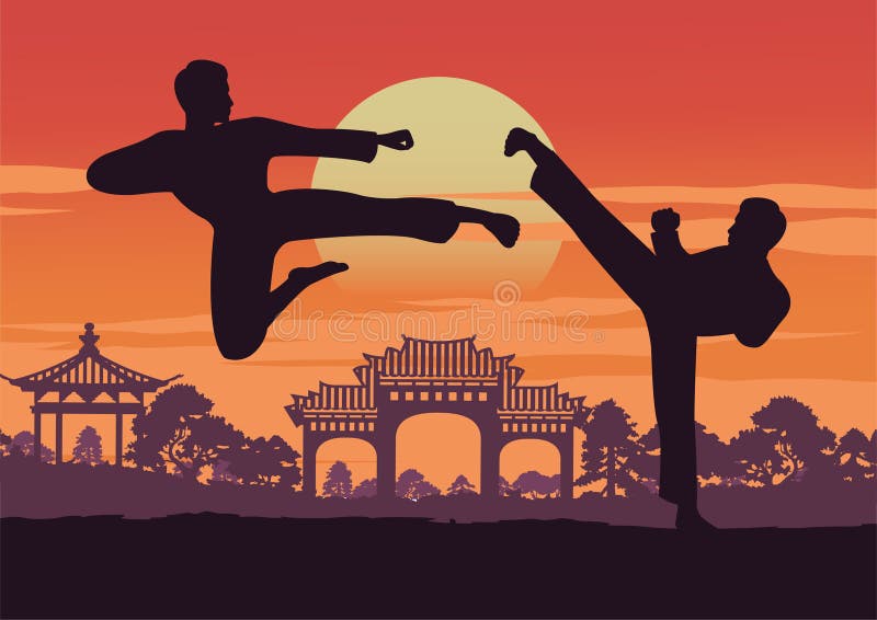 Two men train Taekwondo near landmark of Korea,famous martial arts of the world,vector illustration. Two men train Taekwondo near landmark of Korea,famous martial arts of the world,vector illustration