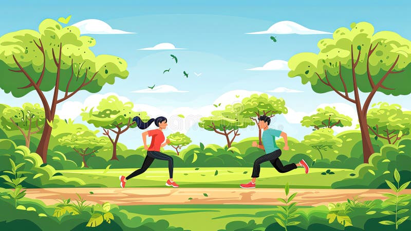 Two people running in a park with trees in the background. Scene is energetic and active AI generated. Two people running in a park with trees in the background. Scene is energetic and active AI generated