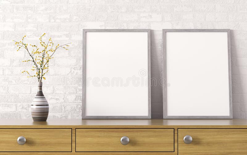 Two posters and vase on wooden chest of drawers over white brick wall interior background 3d rendering. Two posters and vase on wooden chest of drawers over white brick wall interior background 3d rendering
