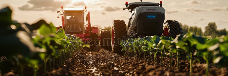 Zwei Robotermaschinen arbeiten bei Sonnenuntergang effizient auf einem Bauernhof und pflanzen inmitten grüner Reihen lizenzfreie stockfotos