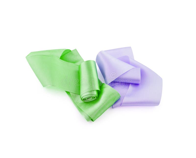 Zwei Rollen Satinband der lila und grünen Farbe stockbilder Zwei Rollen Satinband der lila und grünen Farbe stockbilder