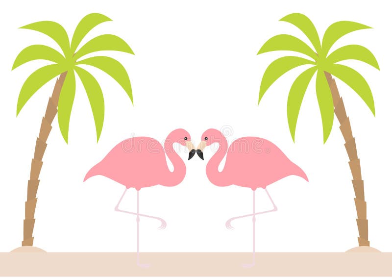 Flamingo Zwei Der Auf Einem Bein Steht Rosa Herz Palme Insel Ozean Sehen Wasser Exotischer Tropischer Vogel Zootiersammlung C Vektor Abbildung Illustration Von Sehen Palme