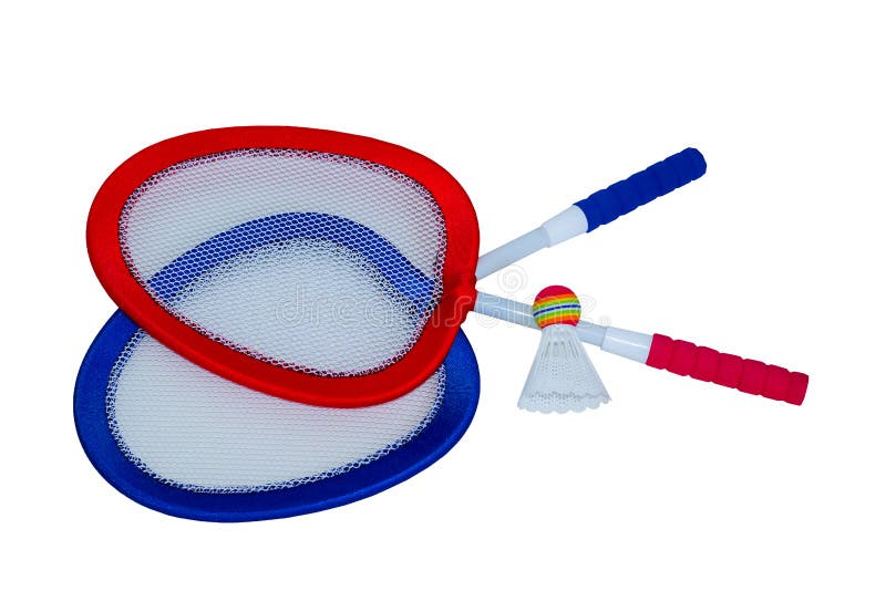 Zwei Schläger in Rotem und Blau und ein Federball für Badminton lizenzfreies stockfoto Zwei Schläger in Rotem und Blau und ein Federball für Badminton lizenzfreies stockfoto