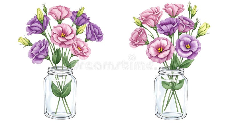 Zwei separate Glasgläser halten jeweils Bouquets von Eustoma-Blumen.. Links vektor abbildung