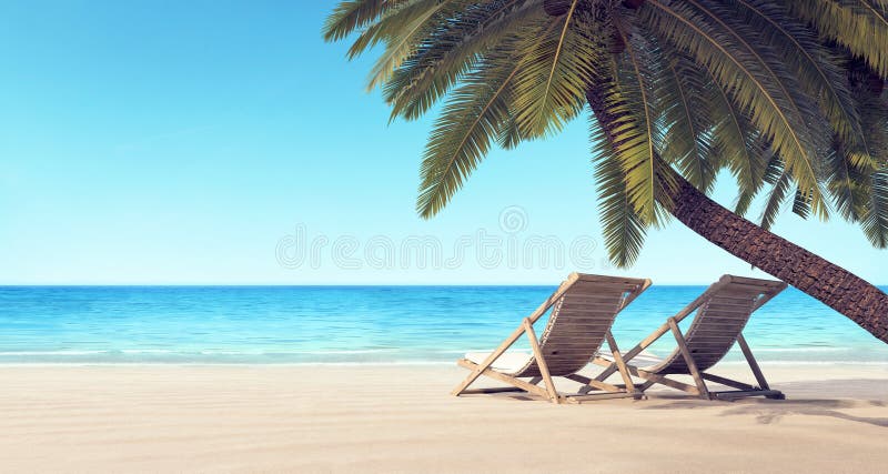 Zwei Stühle auf dem Strand unter Palme-Sommerhintergrund