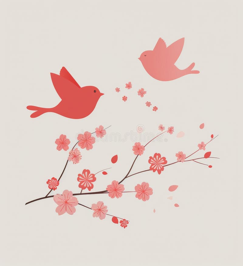 Zwei Vögel auf einem Zweig mit Blüten. Zwei Vögel stehen auf einem Ast mit rosa Blüten.. Herzen schweben um sie herum. generierte ai ai generative