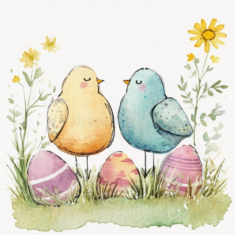 Zwei Vögel mit geschlossenen Augen gelb und blau stehen auf Gras Blumen und Ostereier weiße Hintergrundfeder lizenzfreie stockfotos