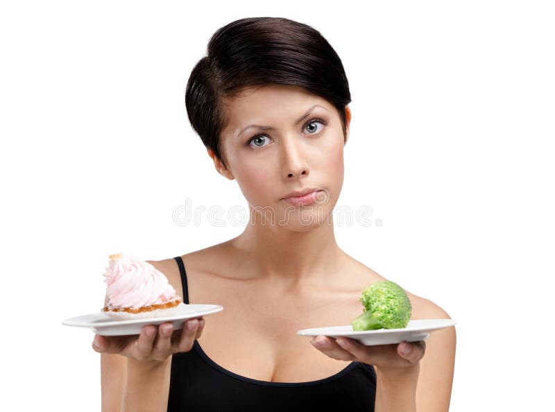 Woman doubts between tasty tart and healthy cabbage, isolated on white. Woman doubts between tasty tart and healthy cabbage, isolated on white