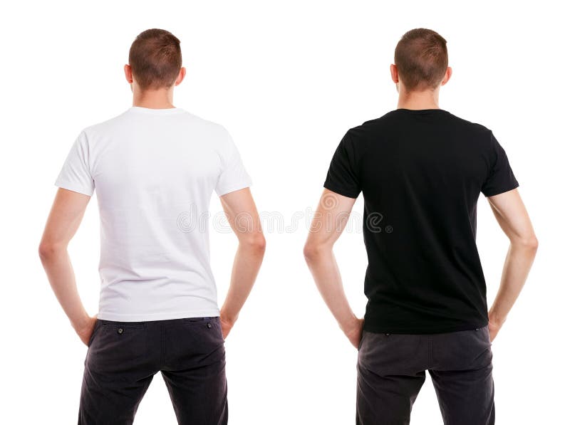 Zweimal Mann im leeren weißen und schwarzen T-Shirt von der Rückseite auf weißem Hintergrund stockfotos Zweimal Mann im leeren weißen und schwarzen T-Shirt von der Rückseite auf weißem Hintergrund stockfotos
