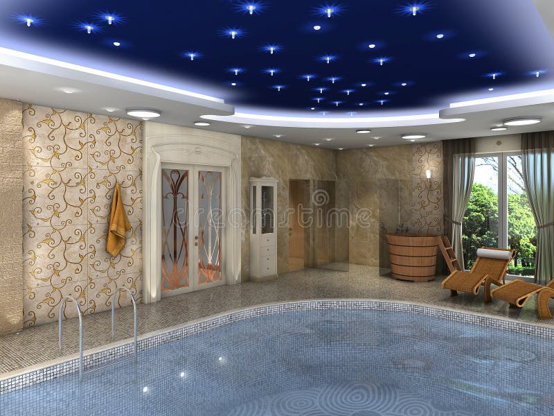 Rendering of a luxurious indoor swimming pool. Rendering of a luxurious indoor swimming pool