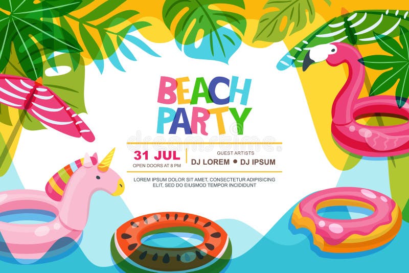 Zwembadkader met flamingo en eenhoorn het speelgoed van vlotterjonge geitjes Vector de zomeraffiche van de strandpartij, het malp Zwembadkader met flamingo en eenhoorn het speelgoed van vlotterjonge geitjes Vector de zomeraffiche van de strandpartij, het malp