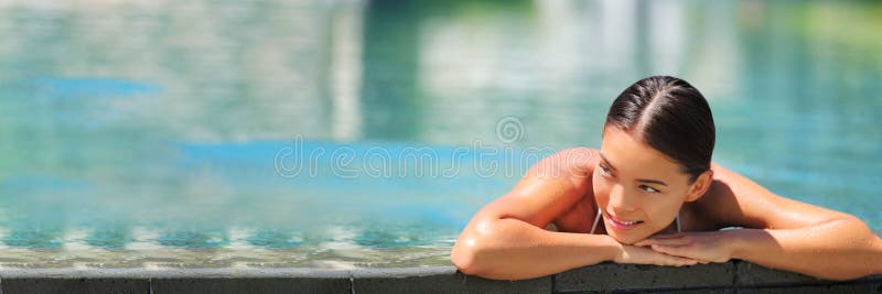 Swimming wellness resort spa woman relaxing banner in luxury retreat infinity pool hotel. Tropical travel destination getaway for relaxation and body care, hydrotherapy. Swimming wellness resort spa woman relaxing banner in luxury retreat infinity pool hotel. Tropical travel destination getaway for relaxation and body care, hydrotherapy.