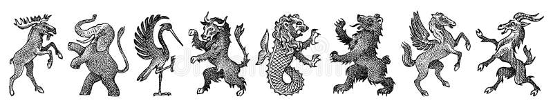 Zwierz? ta dla heraldyki w rocznika stylu Graweruj? cy? akiet r? ki z ptakami, mityczne istoty, ryba, smok, jednoro? ec, lew royalty ilustracja