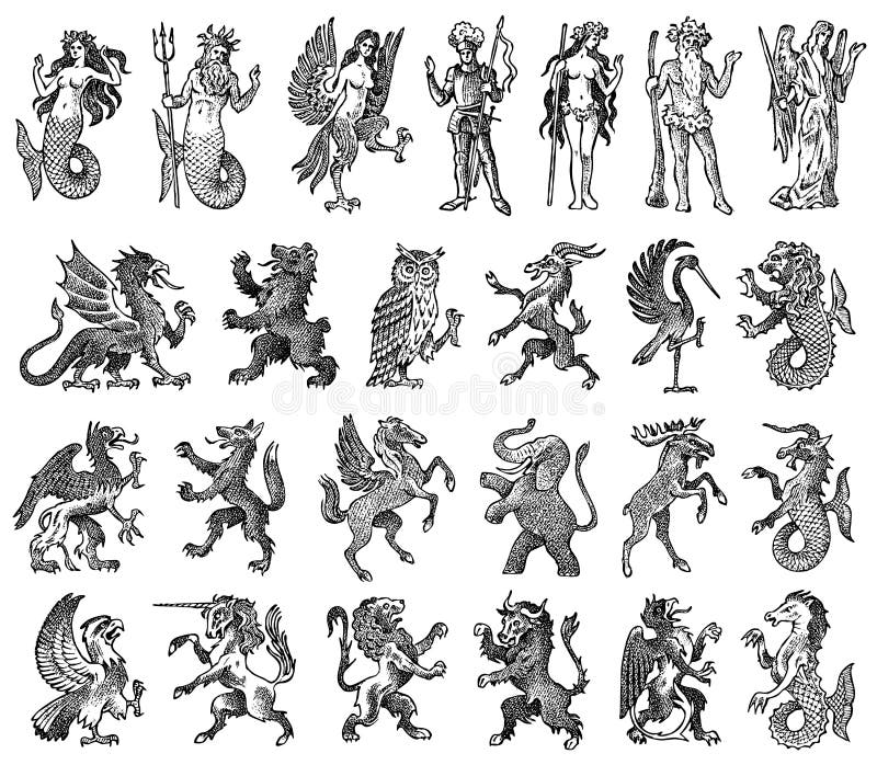 Zwierz? ta dla heraldyki w rocznika stylu Graweruj? cy? akiet r? ki z ptakami, mityczne istoty, ryba, smok, jednoro? ec, lew royalty ilustracja