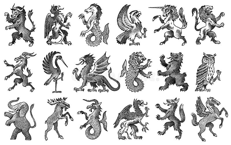 Zwierz? ta dla heraldyki w rocznika stylu Graweruj? cy? akiet r? ki z ptakami, mityczne istoty, ryba, smok, jednoro? ec, lew ilustracji