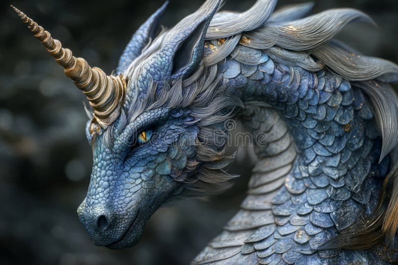Zwierzę smoka Fantasy z szczegółowymi skalami przebijającymi żółte oczy i spiralną złotą rogówkę na ciemnym tle ilustracja wektor