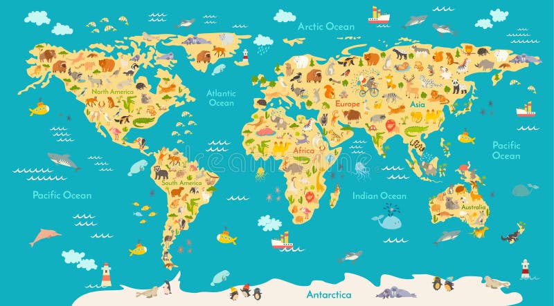 Zwierzęca mapa dla dzieciaka Światowy wektorowy plakat dla dzieci, śliczny obrazkowy