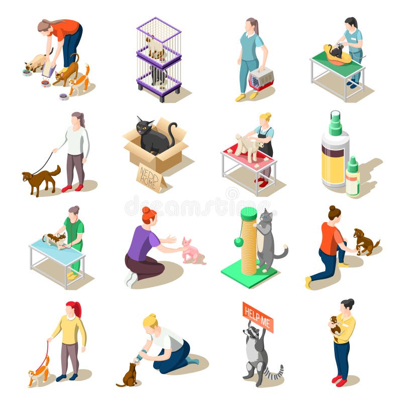 Zwierzęca opieka Zgłaszać się na ochotnika Isometric ikony ilustracji Zwierzęca opieka Zgłaszać się na ochotnika Isometric ikony ilustracji