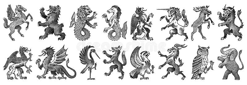Zwierzęta dla heraldyki w rocznika stylu Grawerujący żakiet ręki z ptakami, mityczne istoty, ryba, smok, jednorożec, lew ilustracji