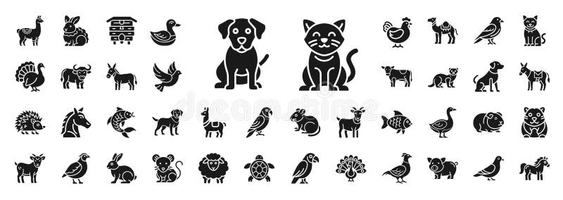 Zwierzęta domowe glif set ox llama paprot mule ilustracja wektor