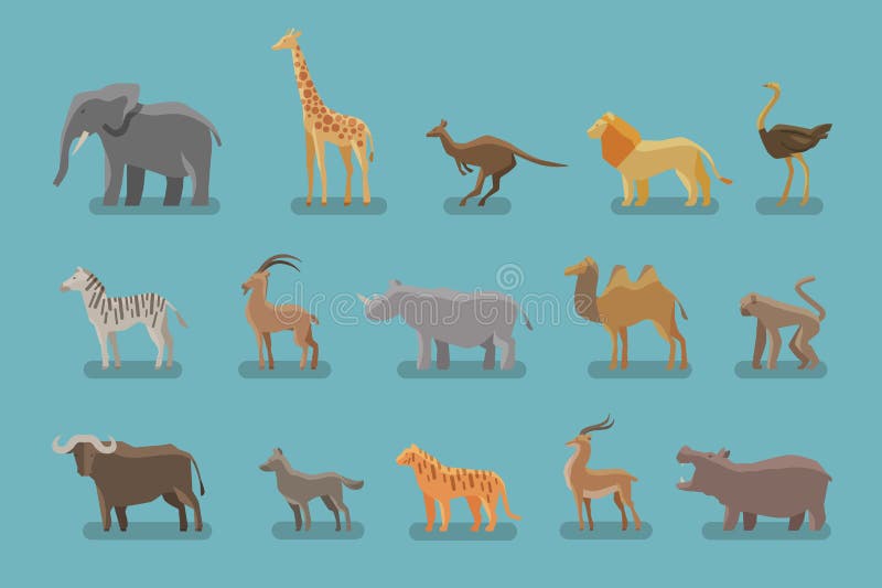 Zwierzęta ustawiający barwione ikony Wektorowi symbole tak jak słoń, żyrafa, kangur, lew, struś, zebra, halna kózka ilustracja wektor Zwierzęta ustawiający barwione ikony Wektorowi symbole tak jak słoń, żyrafa, kangur, lew, struś, zebra, halna kózka ilustracja wektor