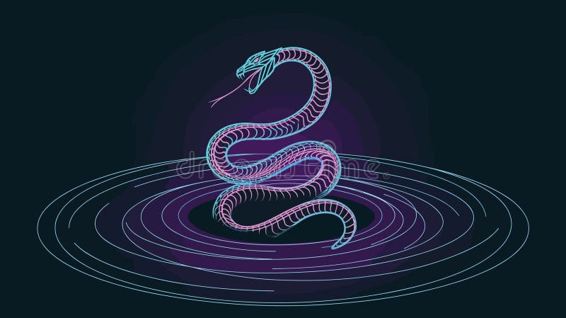 Zwinięty wąż z liniami graficznymi wyłaniającymi się z wiru neonowego. ilustracji