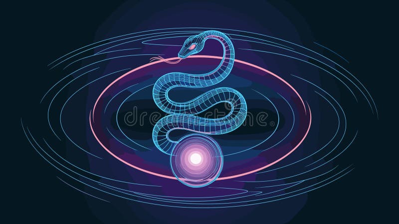 Zwinięty wąż z liniami graficznymi wyłaniającymi się z wiru neonowego. ilustracja wektor