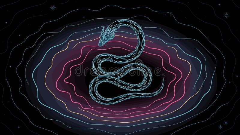 Zwinięty wąż z liniami graficznymi wyłaniającymi się z wiru neonowego. ilustracji