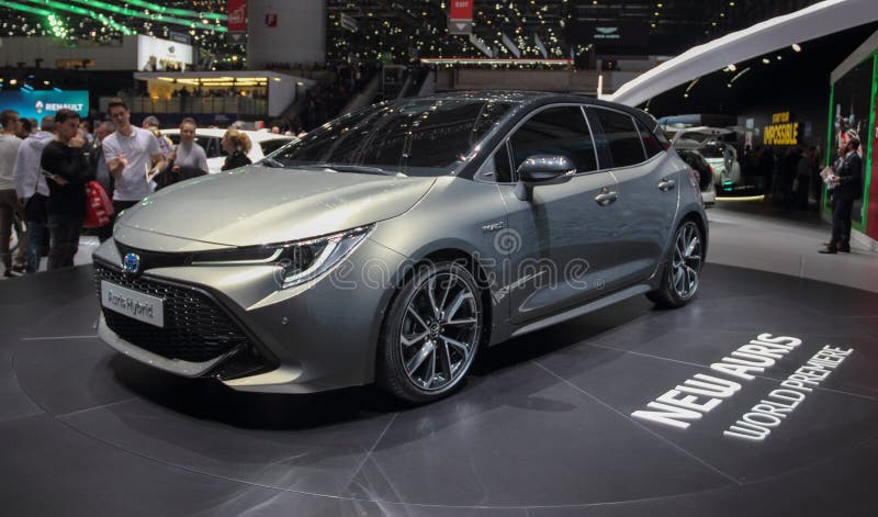 Zwitserland; Genève; 8 maart, 2018; Toyota Auris Hybride voorfr stock afbeelding Zwitserland; Genève; 8 maart, 2018; Toyota Auris Hybride voorfr stock afbeelding