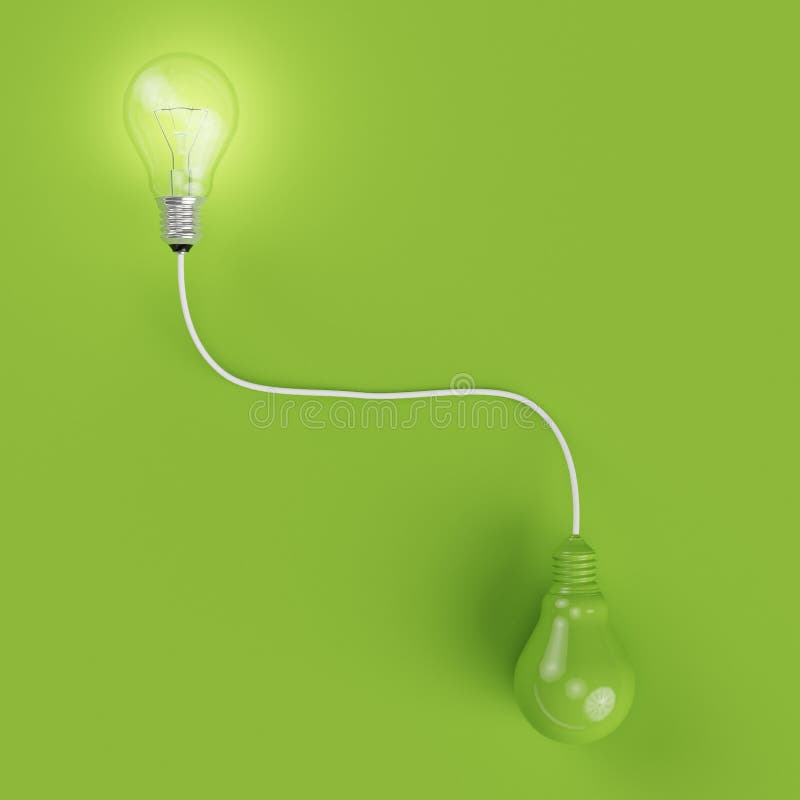 Connection of on - off green lightingbulb with white line on green pastel background for copy space. minimal concept. top view. Connection of on - off green lightingbulb with white line on green pastel background for copy space. minimal concept. top view.