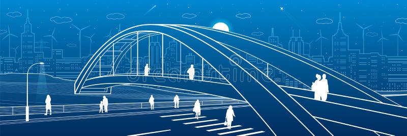 Zwyczajny most nad autostradą Ludzie chodzi na miasto ulicie Nowożytny nocy miasteczko Infrastruktury ilustracja, miastowa scena ilustracji Zwyczajny most nad autostradą Ludzie chodzi na miasto ulicie Nowożytny nocy miasteczko Infrastruktury ilustracja, miastowa scena ilustracji