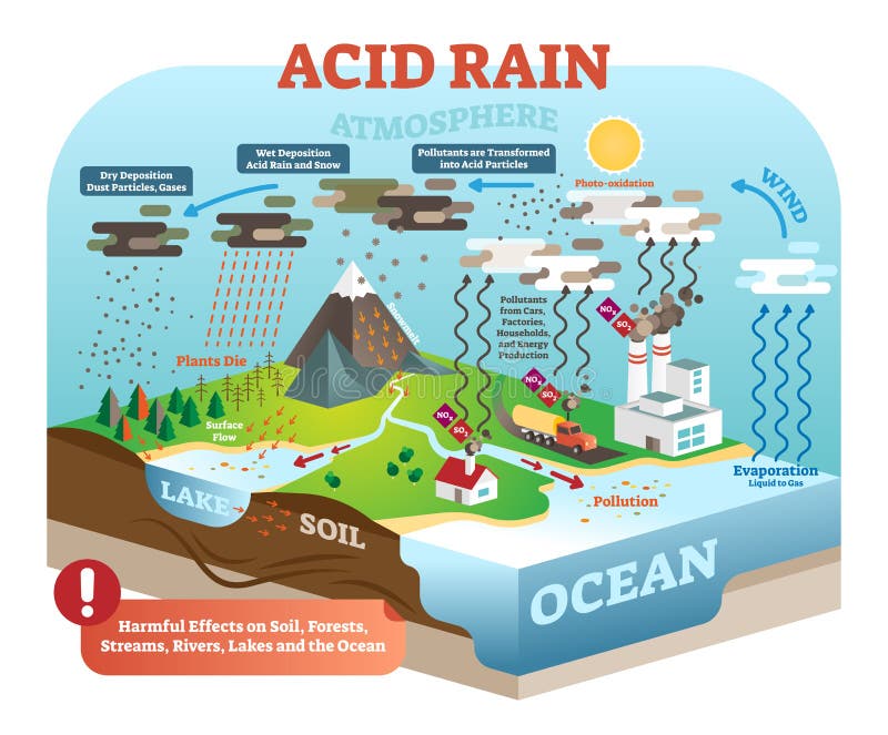 Zyklus des sauren Regens im Naturökosystem, isometrische infographic Szene, Vektorillustration Planetenerdglobale Umweltbilanz