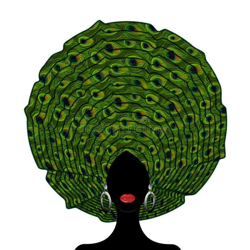 African Wedding Head Wraps. Afro beauty. Portrait of the young black woman in turban peacock texture. African-American girl headti vector illustration