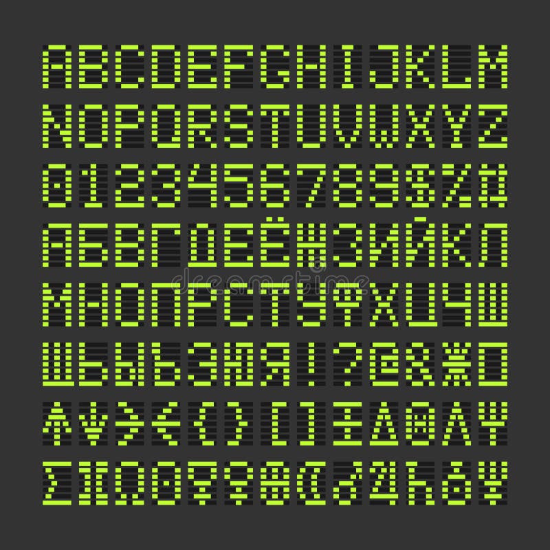 Score table digital font letters, numbers and planets plus cyrillic symbols. Acid green alphabet letters and numbers on black background. Score table digital font letters, numbers and planets plus cyrillic symbols. Acid green alphabet letters and numbers on black background.