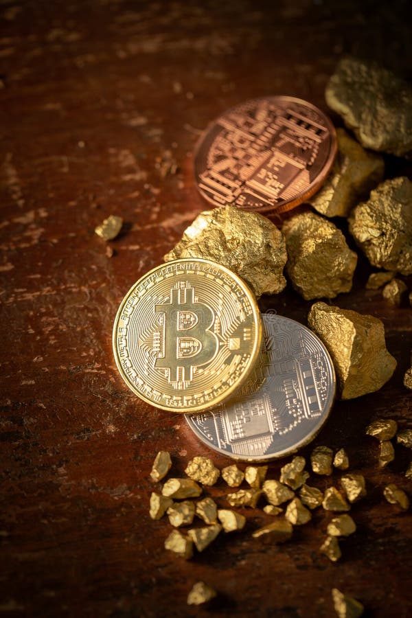 Złocisty bitcoin fizycznego Bitcoin-Cryptocurrency i Złocistej bryłki adra pojęcia prowadzenia domu posiadanie klucza złoty sięga zdjęcia stock