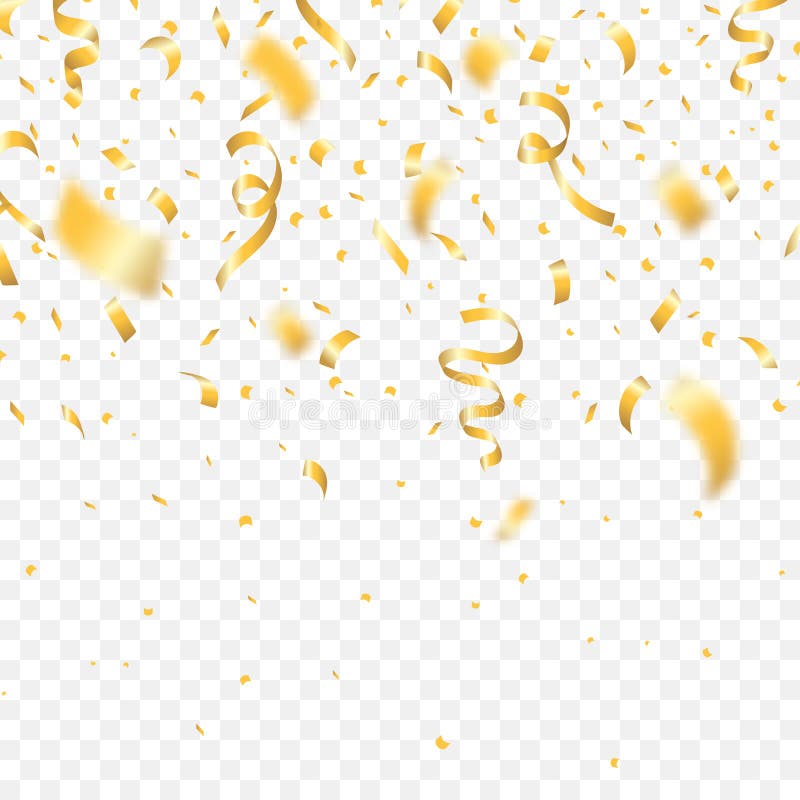 Złoci confetti i świąteczni faborki Spada realistyczne błyskotliwość z confetti, defocused i bokeh skutkiem, royalty ilustracja Złoci confetti i świąteczni faborki Spada realistyczne błyskotliwość z confetti, defocused i bokeh skutkiem, royalty ilustracja