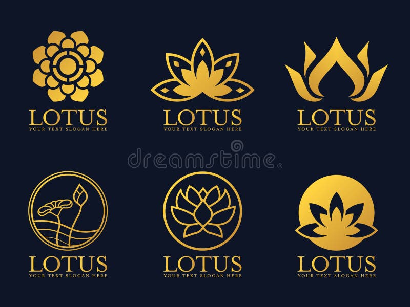 Złocistego lotosowego loga znaka wektoru ustalony projekt royalty ilustracja